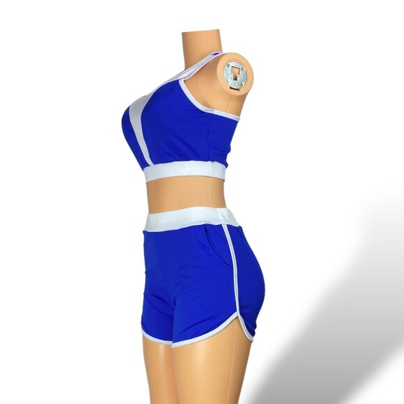 Women Tracksuit Short Sleeve Crop Top & Shorts - Tops with Removable Pads | Blue - Picture 2 of 5
